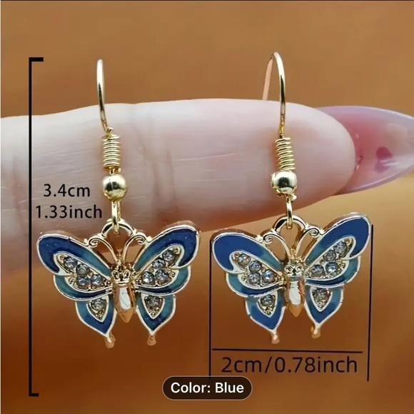 Exquisite Blue Enamel Butterfly Design Shiny Zircon Decor Dangle Earrings. - Picture 2 of 3